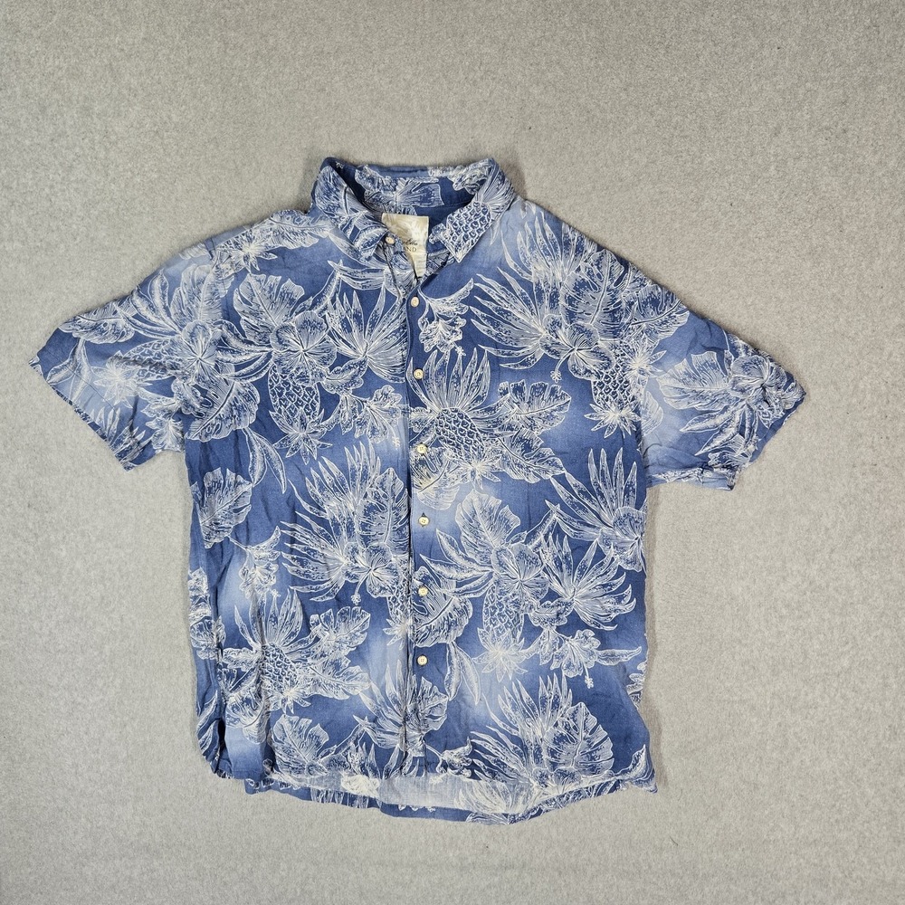 Tasso Elba Men Button Up Shirt 2XL Blue Floral Pineapple Print Silk Linen Hawaii